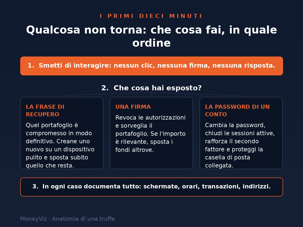 Schema dei primi dieci minuti: primo, smetti di interagire; secondo, capisci che cosa hai esposto, distinguendo fra frase di recupero, una firma e la password di un conto, con l'azione giusta per ciascun caso; terzo, in ogni caso documenta tutto