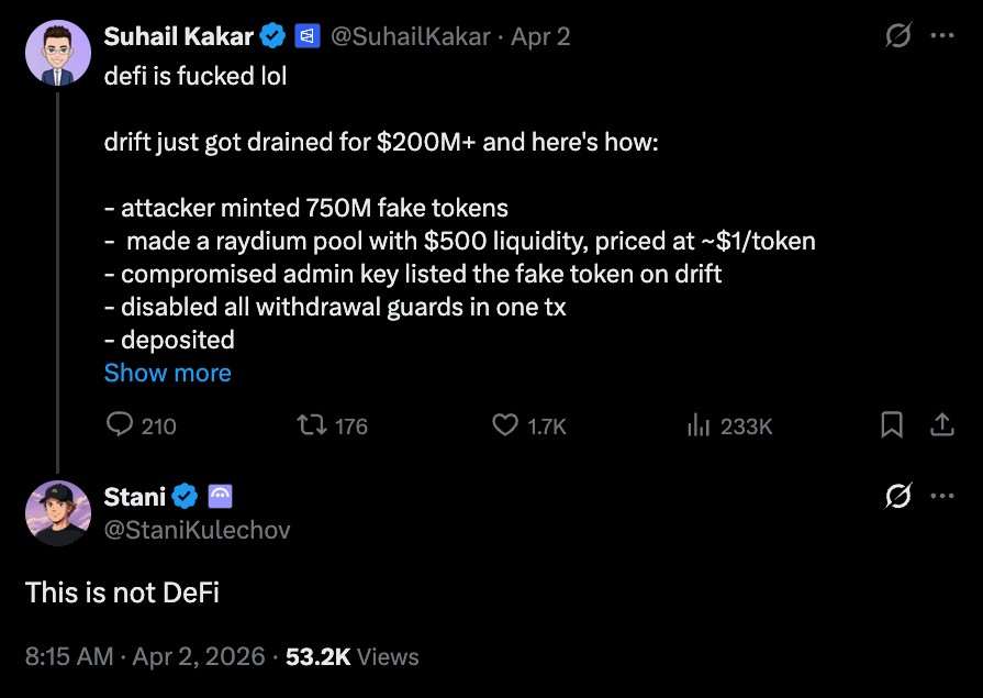 Tweet di Stani Kulechov (CEO Aave) che commenta l'exploit di Drift Protocol scrivendo This is not DeFi, 2 aprile 2026