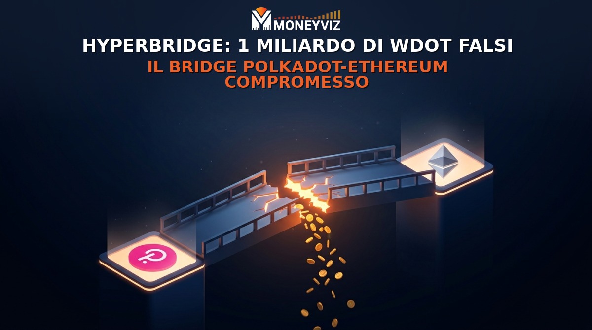 Illustrazione editoriale di un bridge digitale spezzato che collega le blockchain Polkadot ed Ethereum, con token falsi in transito e luci di allarme arancioni