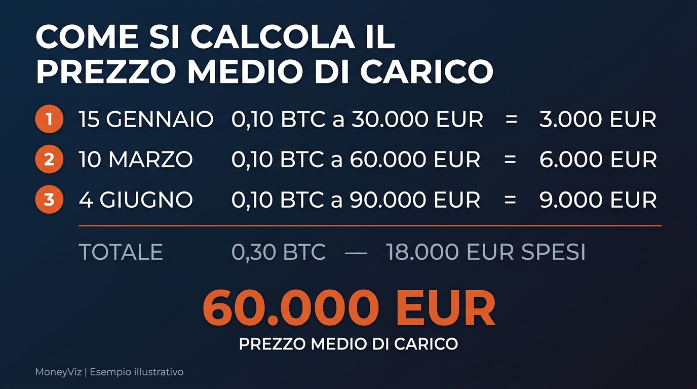 Schema del calcolo del prezzo medio di carico: tre acquisti di Bitcoin che convergono in un unico costo medio di 60.000 euro