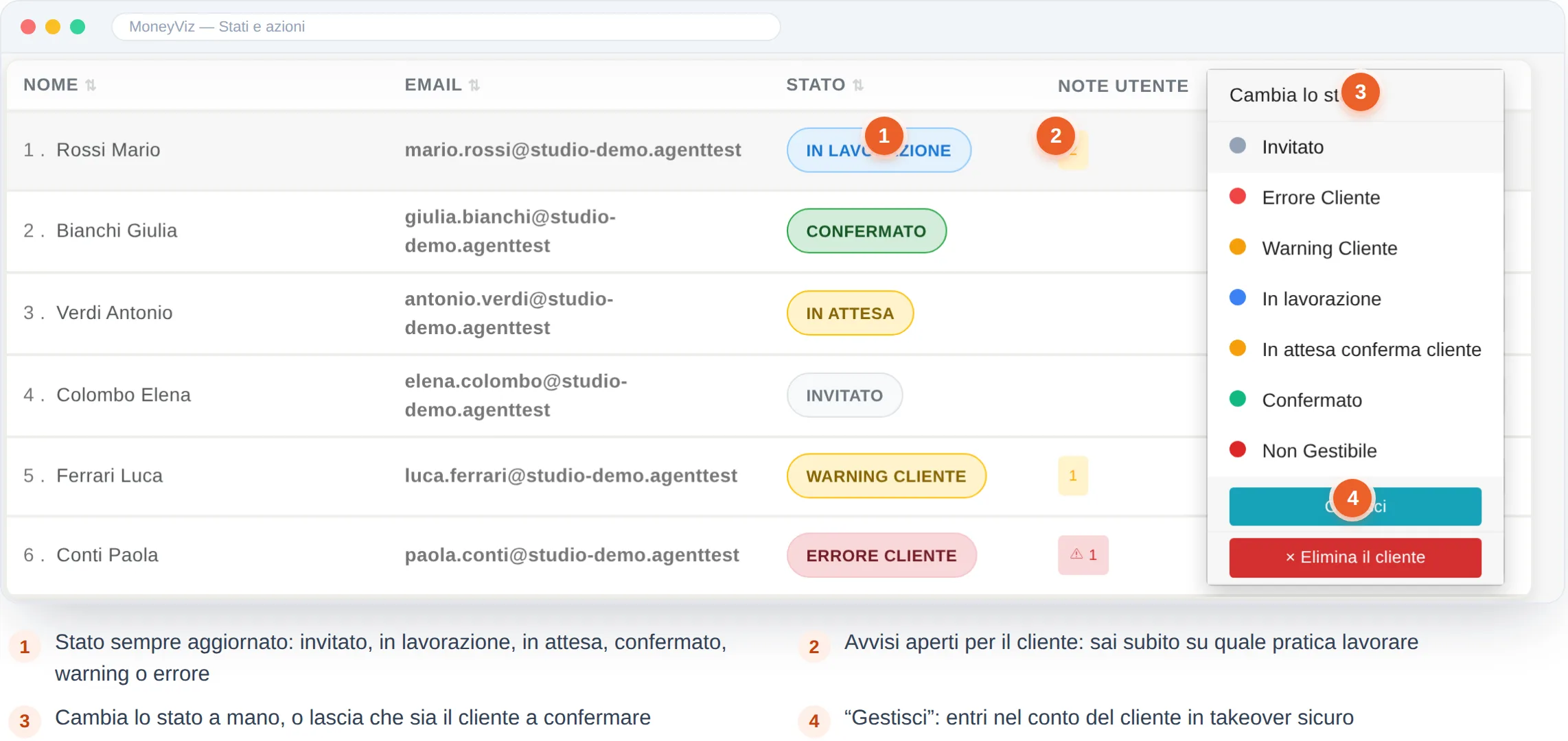 Stati di lavoramento dei clienti e cambio stato con menu azioni nel mini CRM MoneyViz