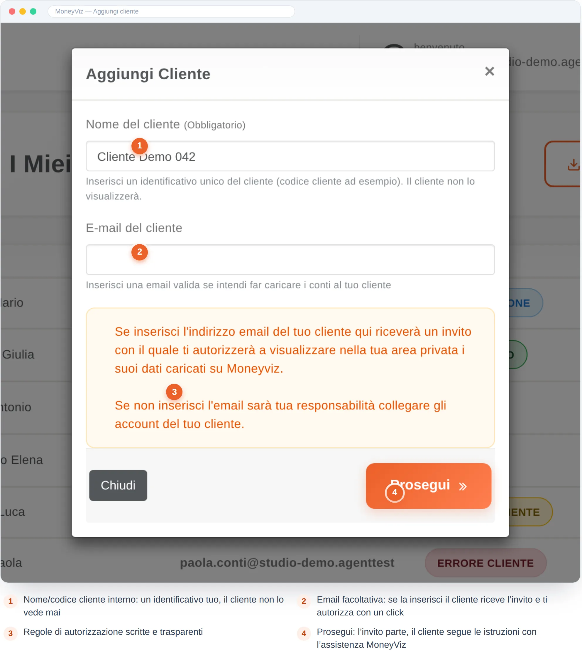 Modale Aggiungi cliente del mini CRM MoneyViz con codice cliente interno e invito via email