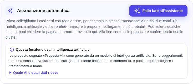 Associazione automatica: avviso sull’intelligenza artificiale e bottone di avvio