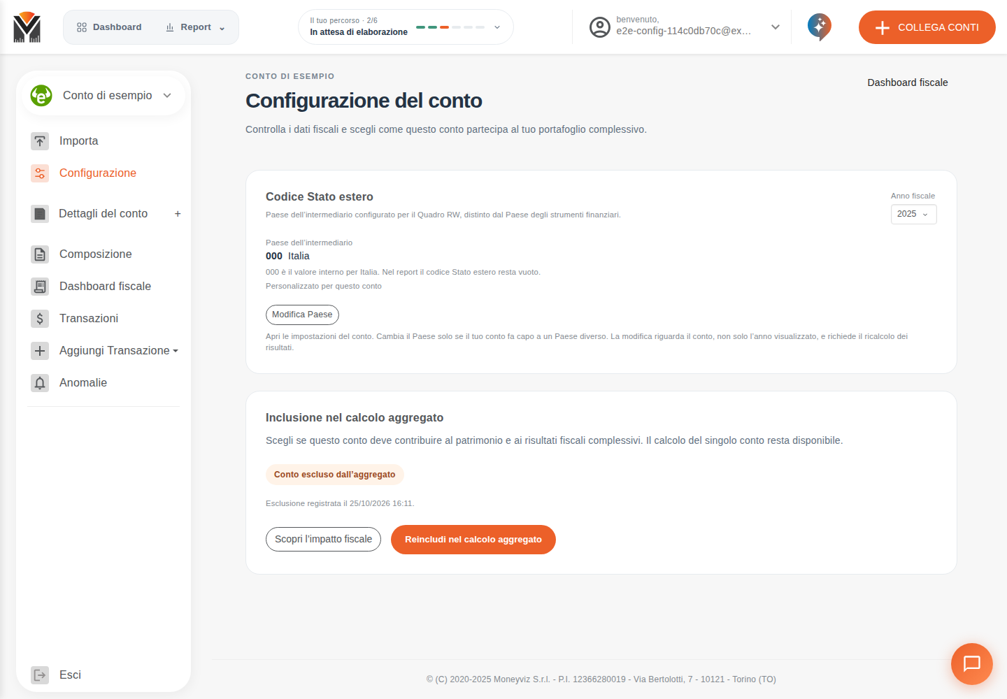 Conto escluso con data della modifica e pulsante Reincludi nel calcolo aggregato