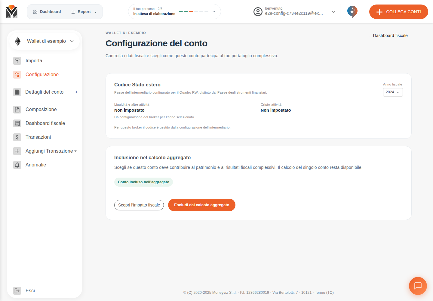 Configurazione di un wallet con Paesi distinti per liquidità e cripto-attività e nessun pulsante di modifica