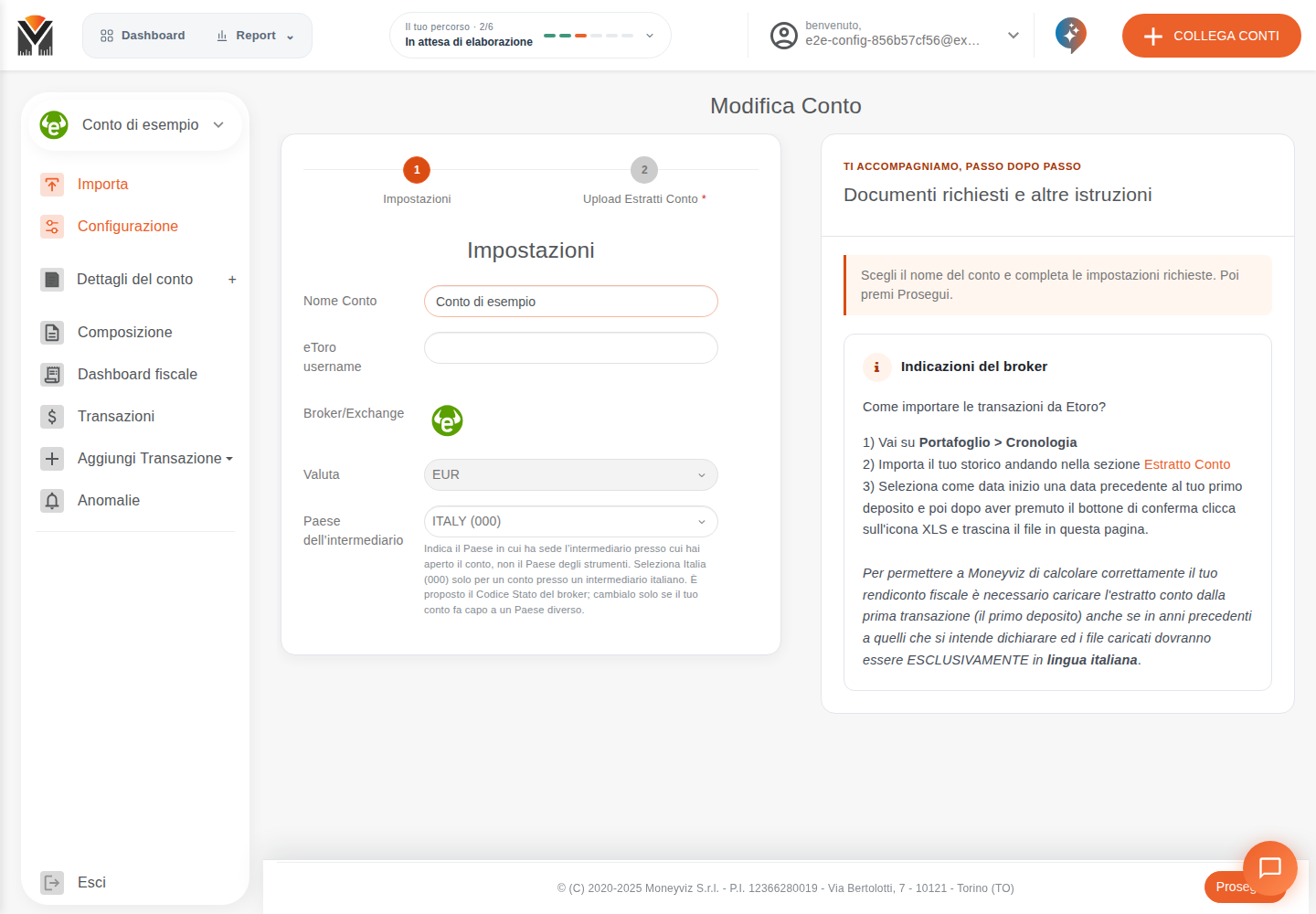 Impostazioni del conto con il selettore Paese dell’intermediario e la spiegazione del codice proposto