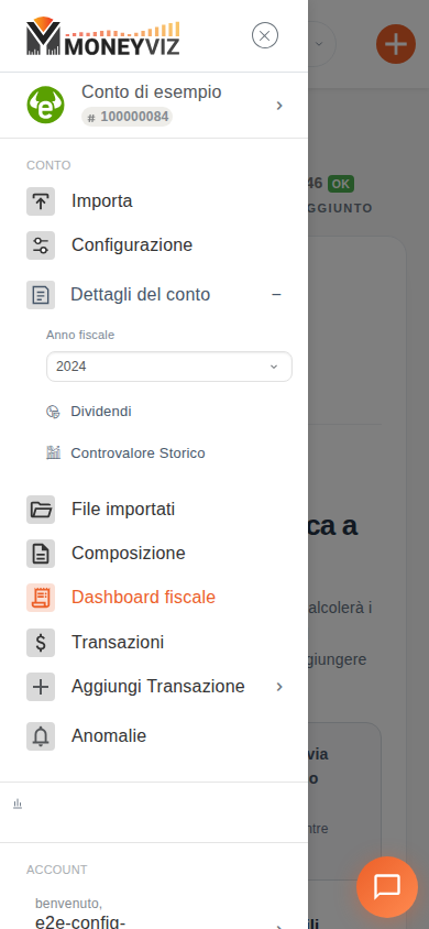 Menu del conto da telefono con Configurazione subito sotto Importa