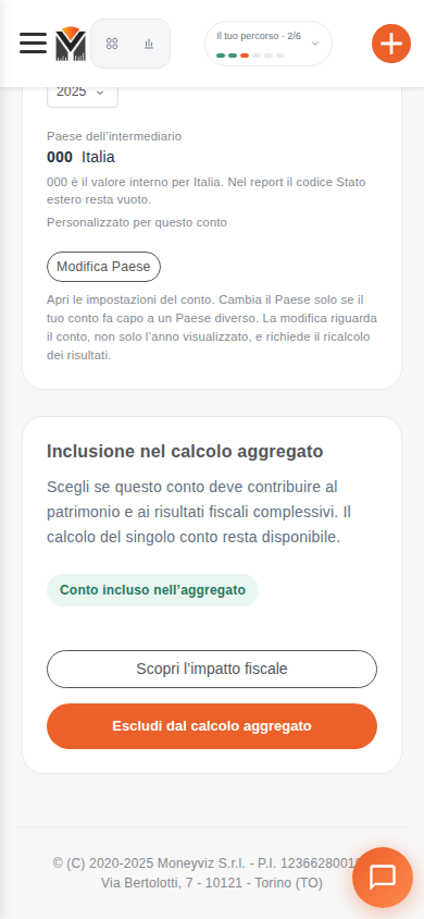 Pagina da telefono con stato incluso, spiegazione dell’impatto fiscale e pulsante Escludi dal calcolo aggregato