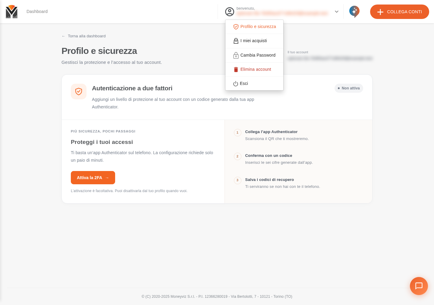 Menu account aperto con la voce Elimina account