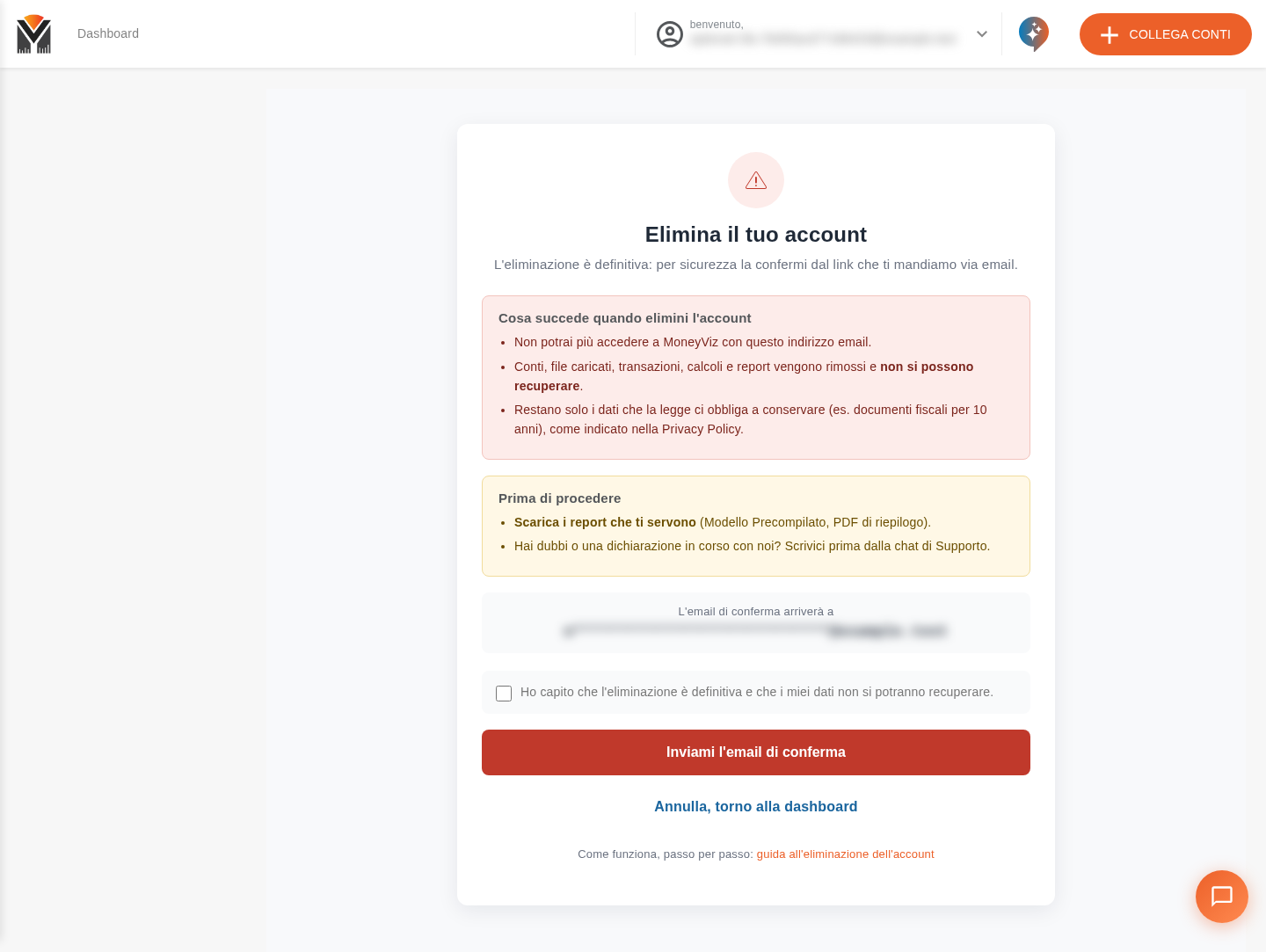 Pagina Elimina il tuo account con le conseguenze e la casella di conferma