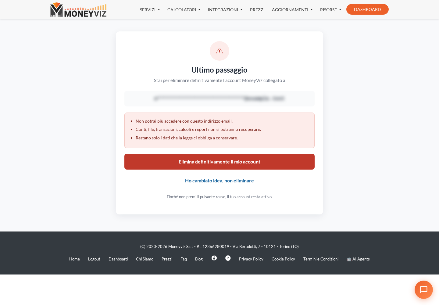Pagina Ultimo passaggio con il pulsante Elimina definitivamente il mio account