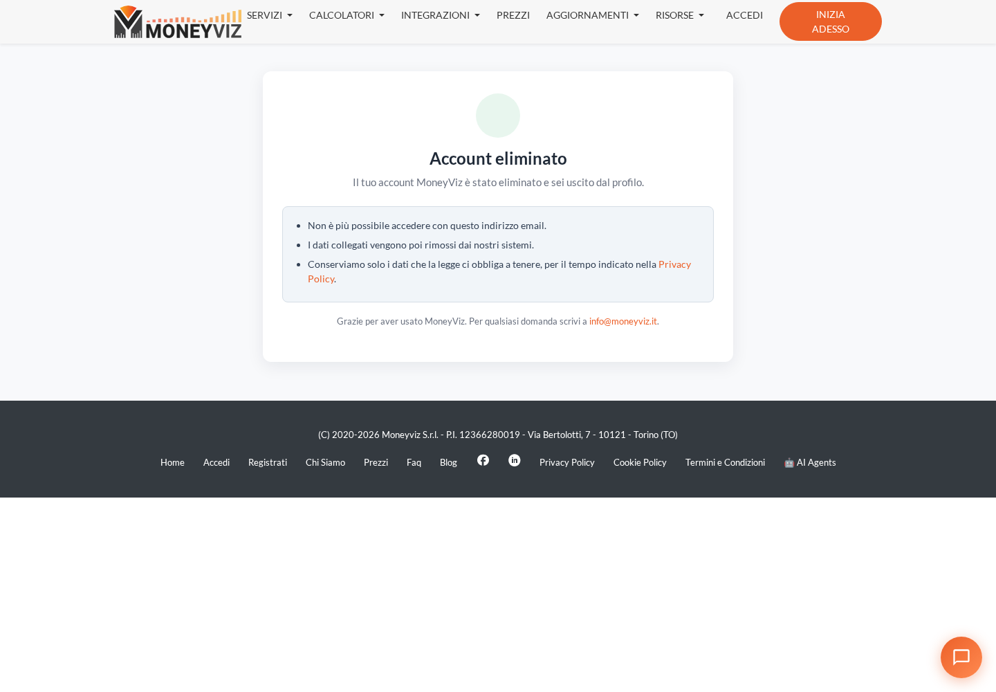 Pagina Account eliminato