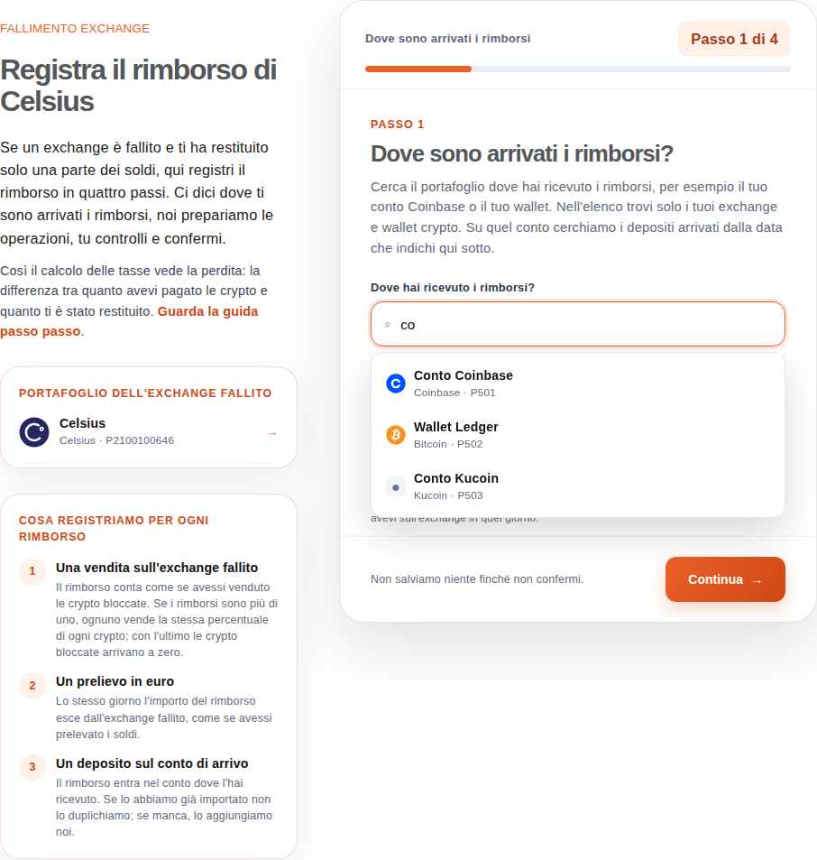 Passo 1: ricerca del conto di arrivo con i loghi degli exchange
