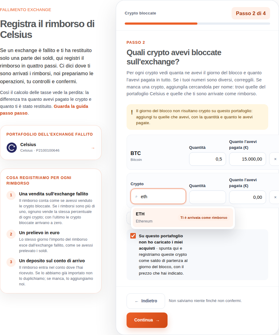 Passo 2: crypto bloccate con quantità, prezzo pagato e ricerca per nome