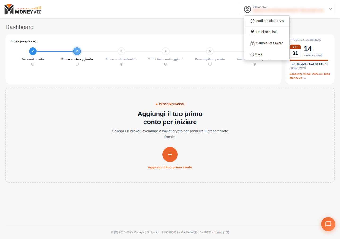 Menu account aperto con la voce Profilo e sicurezza