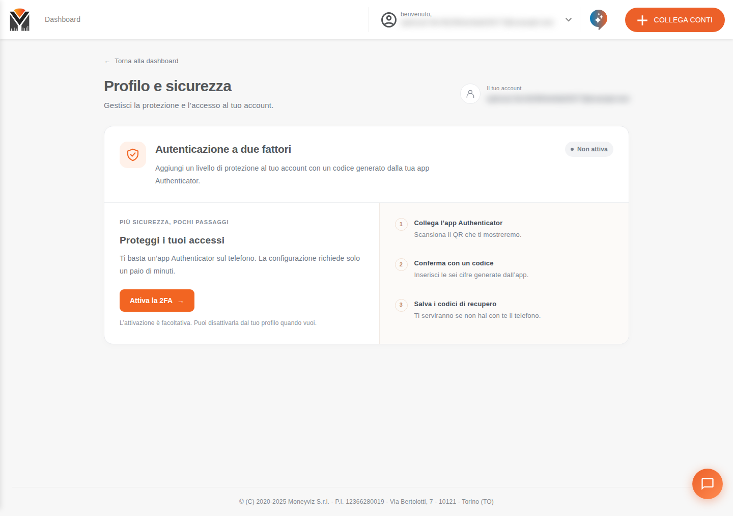 Pagina Profilo e sicurezza con la verifica a due fattori non attiva