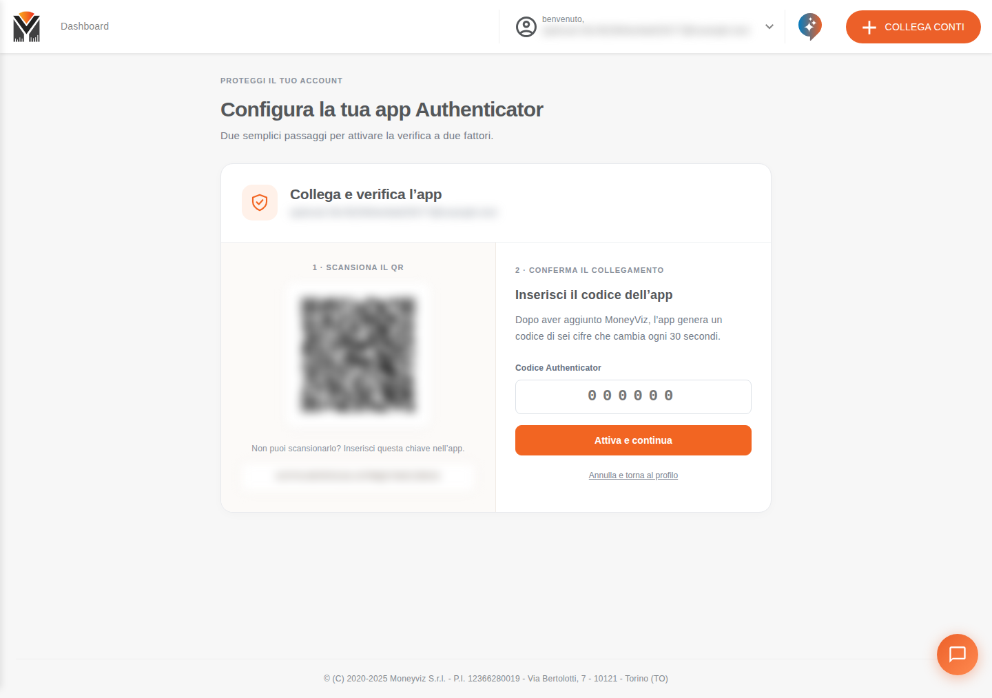 Configurazione dell’app Authenticator con QR code e campo per il codice