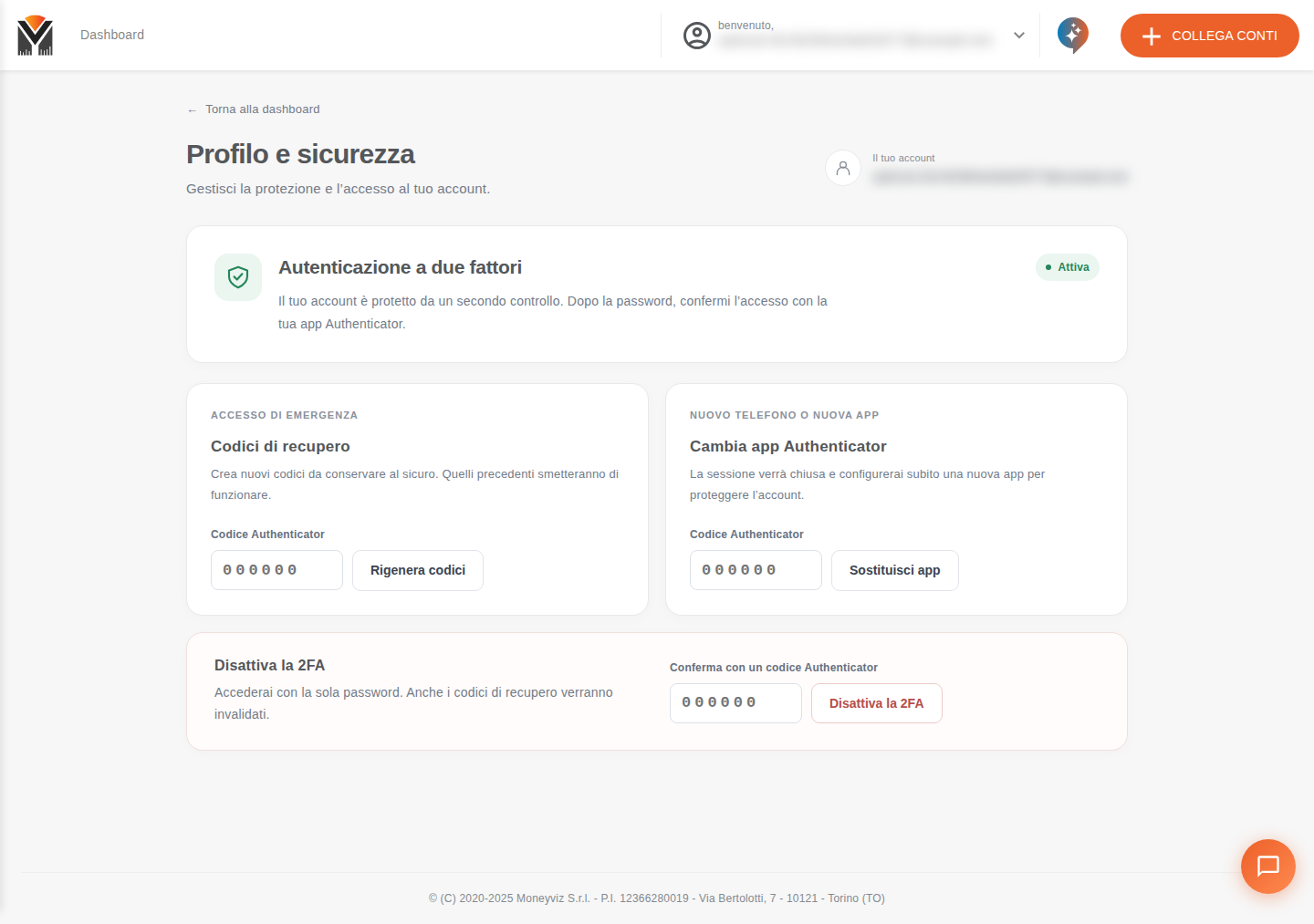 Pagina Profilo e sicurezza con la verifica a due fattori attiva