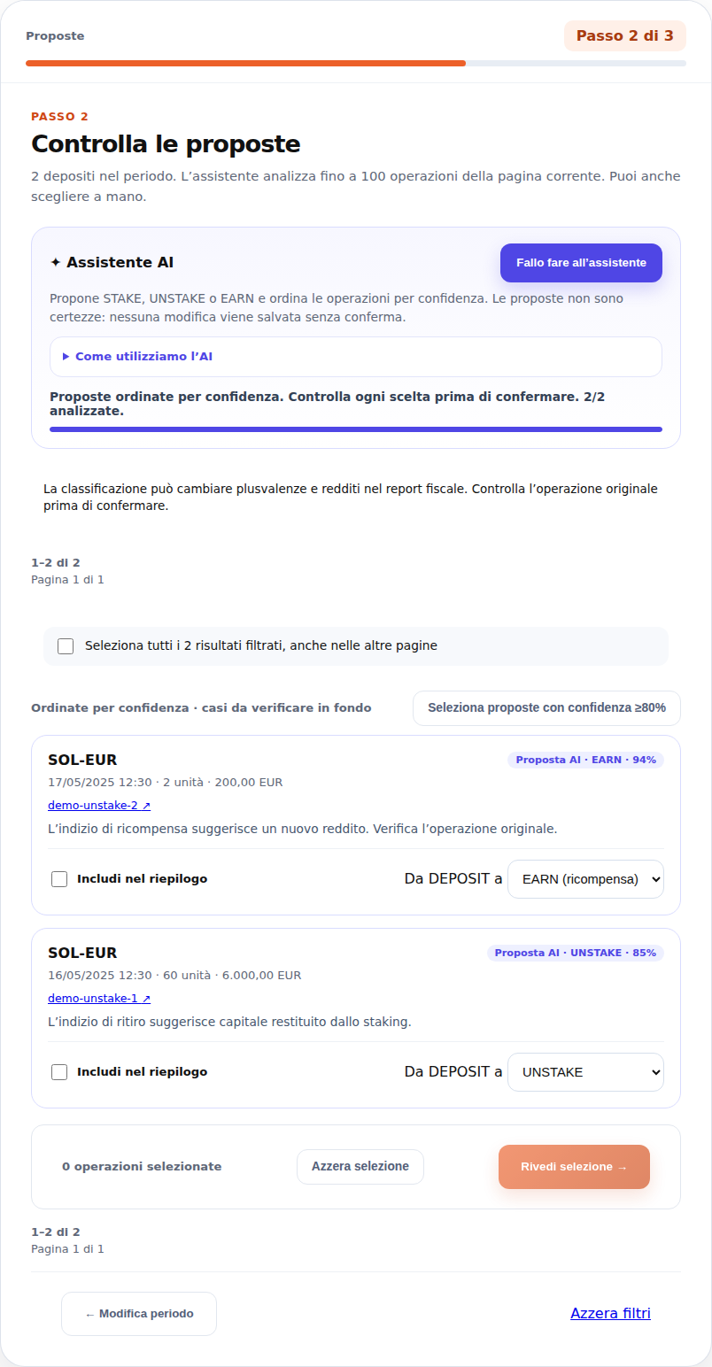 Proposte distinte: 60 SOL di capitale UNSTAKE e 2 SOL di premio EARN