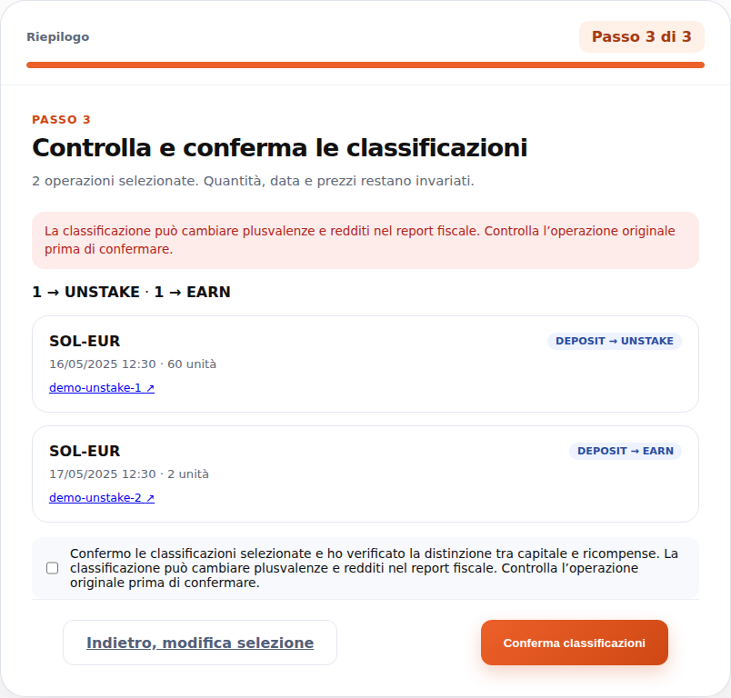 Riepilogo con capitale e ricompensa distinti e conferma esplicita