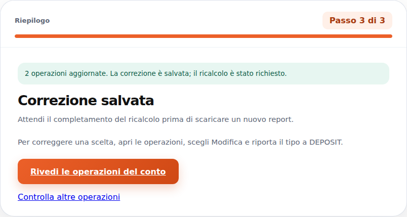 Correzione salvata e collegamento alle operazioni del conto